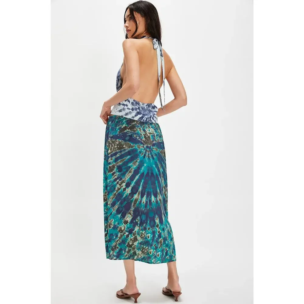 New Free People Tropical Oasis Maxi Skirt Set $128 Medium Blue Ocean Combo